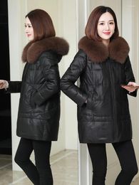 Women's Leather 2024 Real Sheepskin Jacket Women 90% White Duck Down Winter Jackets Fur Collar Hooded Coat Fem