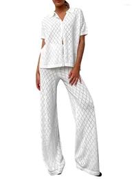 Women's Two Piece Pants Women Y2k Crochet Knit Outfit Hollow Out Button Down Short Sleeve Shirts Loose Wide Leg 2Pcs Tracksuit