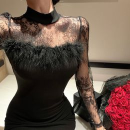 Women's stand collar lace floral perspective long sleeve patched ostrich fur sexy bodycon tunic midi long pencil dress SML