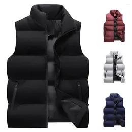 Men's Vests Men Winter Waistcoat Thick Padded Windproof Sleeveless Stand Collar Zipper Pockets Cardigan Solid Colour Outdoor Outerwear Vest