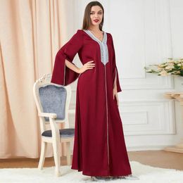 Ethnic Clothing Muslim Satin Abaya V-neck Rhinestone Woven Tape Gown Casual Eid Long Dress Split Sleeve Women Middle East Solid Maxi Robe