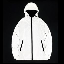 Night Reflective Jackets Double Fabric Windbreaker Hooded Jacket Men Hip Hop Dancer singer Waterproof Zipper Coats Outwear 240102