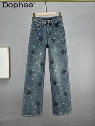 Women's Jeans Fashion Wide-Leg Women 2024 Winter Fleece High Waist Loose Embroidered Rhinestone Trousers Cargo Pants Female