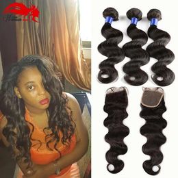 Wefts Hannah product BrazilianHair Bundles With Closure 1026inch Double Weft Human Hair Extensions Dyeable Hair Weave Body Wave