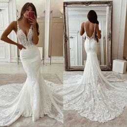Backless Lace Mermaid Sexy Wedding Dress Bohemian Spaghetti Long Ivory Bridal Gowns 2024 Summer Beach Bride Dresses es