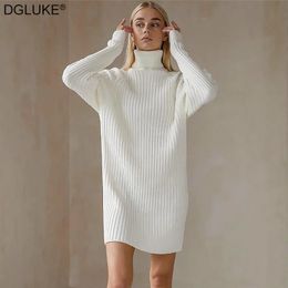 White Turtleneck Knitted Dresses Woman Winter Autumn Oversized Sweater Dress Fashion Long Sleeve Mini Dress Casual Knitwear 240103