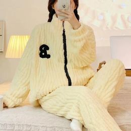 Women's Sleepwear Coral Fleece Pajamas Sets Women Winter Thick Warm Flannel Sweet Homewear Pijama Two Piece Set Loose Home Clothing Female