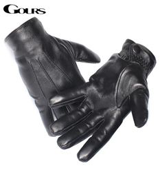 WholeGours Men039s Genuine Leather Gloves Real Sheepskin Black Touch Screen Gloves Button Fashion Winter Warm Mittens New 6560511