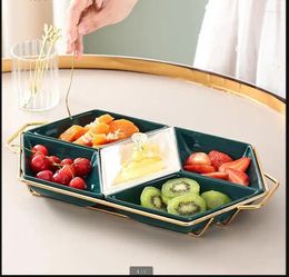 Plates 3 Grids 5 Ceramic Snack Tray Acrylic Cover Metal Base Platter Fruit Dried Plate Salad Bowl Dessert