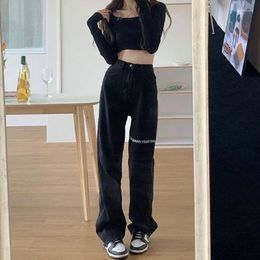 Women's Jeans Pants For Women With Pockets Straight Leg Womens High Waist S Letter Trousers Black Retro Fitted Emo In Z Clothes A