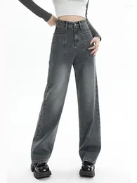 Women's Jeans Grey For Women Denim Pants High Waisted Streetwear Pockets Wide Leg Korean Fashion Vintage Mop Straight Trousers