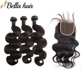 Wefts bellahair 8 30 full head hair weft with top lace closures 4x4 body wave malaysian human virign hair closure with hair bundles 3pcs