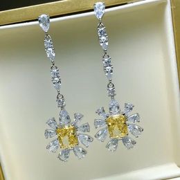 Stud Earrings Fashionable Yellow Diamond Flower 925 Pure Silver Artificial Gemstone Versatile Banquet Luxury Wedding Jewelry