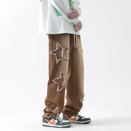 Men's Streetwear Oversized Star Pattern Straight Trousers Male Baggy Jeans Men/Women Hip Hop Denim Pants Korean Clothes 240103
