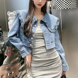 Women's Jackets Doll Neck Splicing Korean Version Loose Short Coats Fashion Single Breasted Long Sleeved Female Casual Denim Jacket