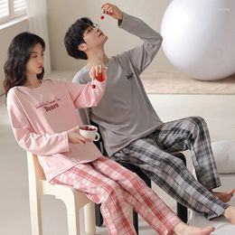 Women's Sleepwear Couple Pajamas All Cotton Gray Pink Round Neck Plaid Pants Casual Men's And Home Clothing Spring Autumn Sets