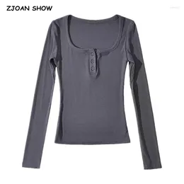 Women's T Shirts 6 Colours Autumn Open Buttons Square Neck Rib Knitting Skinny T-shirts Women Long Sleeve Slim Fit Tee Base Blouse Tops