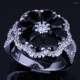 Cluster Rings Gracious Flower Black Cubic Zirconia White CZ Silver Plated Ring V0091