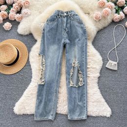 Women's Jeans Dopamine Spicy Girl Wind Blown Hole Denim For Women With Summer Fur EdgE Design ExplosivE Street Fun Long Pants