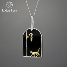 Necklaces Lotus Fun Natural Black Agate Cute Cat under the Street Lamp Pendants Necklaces for Women Sterling Sier Statement Jewellery