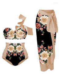 Women's Swimwear 35/5000Vintage Floral Print Fashion Lace Pleats Two-piece Design Model High-waisted Summer Bikini Set And Long Cover Up