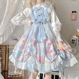 Casual Dresses Summer Japanese Lolita Style JSK Dress Sweet Big Trailing Straped Female Bow Lace Ruffles Kawaii For Women