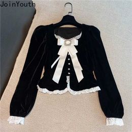 Women's Blouses Shirts Women Clothing Elegant Blouses Lace Black Shirt Vintage Fashion Woman Tops Long Sleeve Ladies Bluses Korean Y2K Top J240103