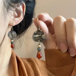 Vintage Water Drop-shaped Dangle Earrings for Women Girls Chinese Style Colourful Round Shaped Shell Handmade Geometric Earrings