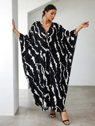 Women's Swimwear EDOLYNSA Boho Embroidery Printed V Neck Loose Kaftan Dress Swimsuit Cover Up Women 2024 Plus Size Robe Beachwear Cover-ups