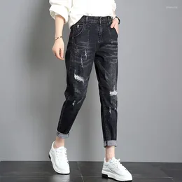 Women's Jeans Trousers Black Ripped Torn High Waist S With Pockets Pants For Woman Holes Summer Denim Korean Style Office Emo