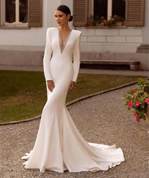 Simple Ivory Satin Mermaid Wedding Dresses Beaded Long Sleeves Elegant Second Reception Dress For Bride Sheer Deep V-Neck Illusion Back Sexy Bridal Gowns