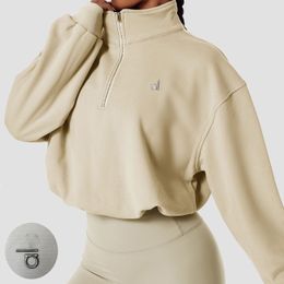 AL186 metal logo yoga High collar women Plus Velvet Thickening jackets hoodies sports half zipper terry designers sweet loose short clothes