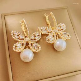 Hoop Earrings UILZ Butterfly Zirconia White Imitation Pearl Dangle For Women Exquisite Long Pendant Earring Party Jewellery