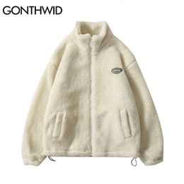 Hip Hop Winter Fleece Fluffy Jacket Streetwear Harajuku Fuzzy Zipper Coat Men Autumn Solid Colour Lightweight Jackets Black Beige 240103