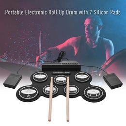 Percussion 7 Pads Portable Electronic Drum Set Portable electronic roll up drum Silicon pads Kit with Foot Pedals and Drumsticks kids Beginne