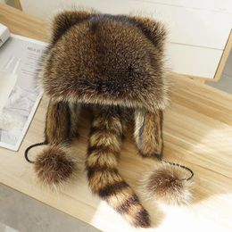 Men's Hoodies High Quality Internet Celebrity Berets Raccoon Dog Fur Hats Ladies Parent-child Ear Protection Warmth