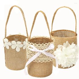 Party Decoration Wedding Lace Burlap Flower Basket Linen Handle Vintage Rustic Ceremony Table Baby Shower Candy Gift Bag