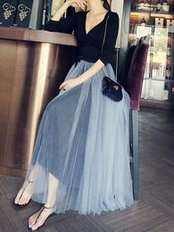 skirt Elegant Women Pleated Long Mesh Skirt Korean Clothes Summer Vintage Elastic Waist Ankle length Maxi Skirts Black White Grey