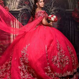 Red Off The Shoulder Beading Crystal Quinceanera Dresses Ball Gown 3D Flowers Appliques Lace With Cape Sweet 16 Vestidos De XV 15 Anos