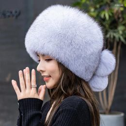 Berets Natural Fur Beanies Women Winter Warm Fluffy Russia Style Female Round Cap Hats Woman Fashion Real