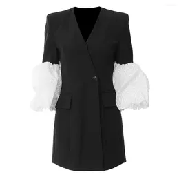 Women's Suits SuperAen 2024 Spring And Autumn OL Style Personalised Splicing Puff Sleeve Blazer Coat