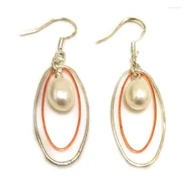 Dangle Earrings 1.5 Inches Double Ring Natural White 7-8mm Drop Pearls 925 Sterling Silver Chandelier Earring