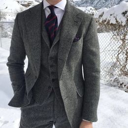 Gray Wool Tweed Winter Men Suit's For Wedding Formal Groom Tuxedo Herringbone Male Fashion 3 Piece Jacket Vest PantsTie 240103