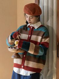 Zoki Preppy Style Woman Vintage Striped Cardigan Japan Casual O Neck Knitted Sweater Coat All Match Long Sleeve Simple Fall Tops 240103