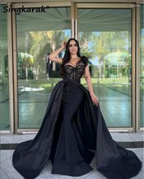 Party Dresses Elegnat Black Mermaid Evening With Detachable Train Beading Pearls Crystal Wedding Formal Prom Gowns Vestidos