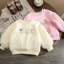 Girls' Sweatshirt Lace Children's Sweatshirt 2023 Spring/Summer Flower Embroidered Baby Top Children's Clothing Korean 240103