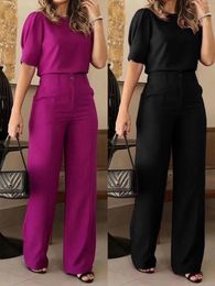 Women's Two Piece Pants 2024 Solid Women Pant Set Lantern Sleeve O-neck Top Loose Wide Leg Suit Elegant Office Lady Female Clothing