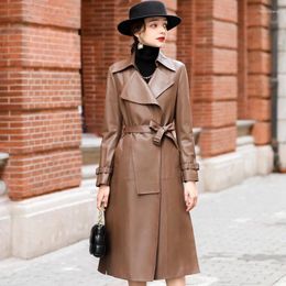 Women's Leather 2024 Sheepskin Genuine Jacket Spring Belted Coat Women Clothes Silm Long Jackets Black Female Trenchcoat C