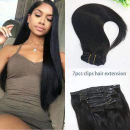 Weaves Straight Brazilian Human Hair Clip In Hair Extension 1B Natural Color Human Virgin Hair African American 7PCS 120gram