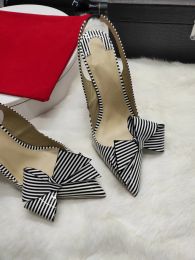 Designer 2024 shipping fashion women shoes stripe bow slingback point toe stiletto heel high heels pumps bride wedding shoes